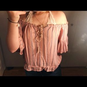 blue pink and white off the shoulder top